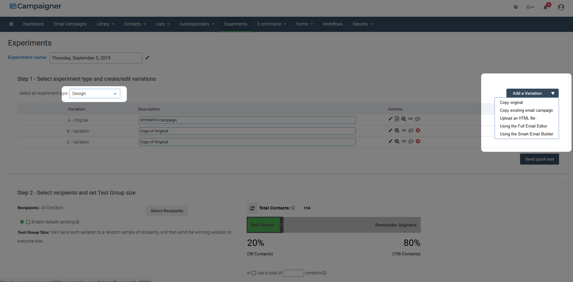 Design experimenting option in Campaigner