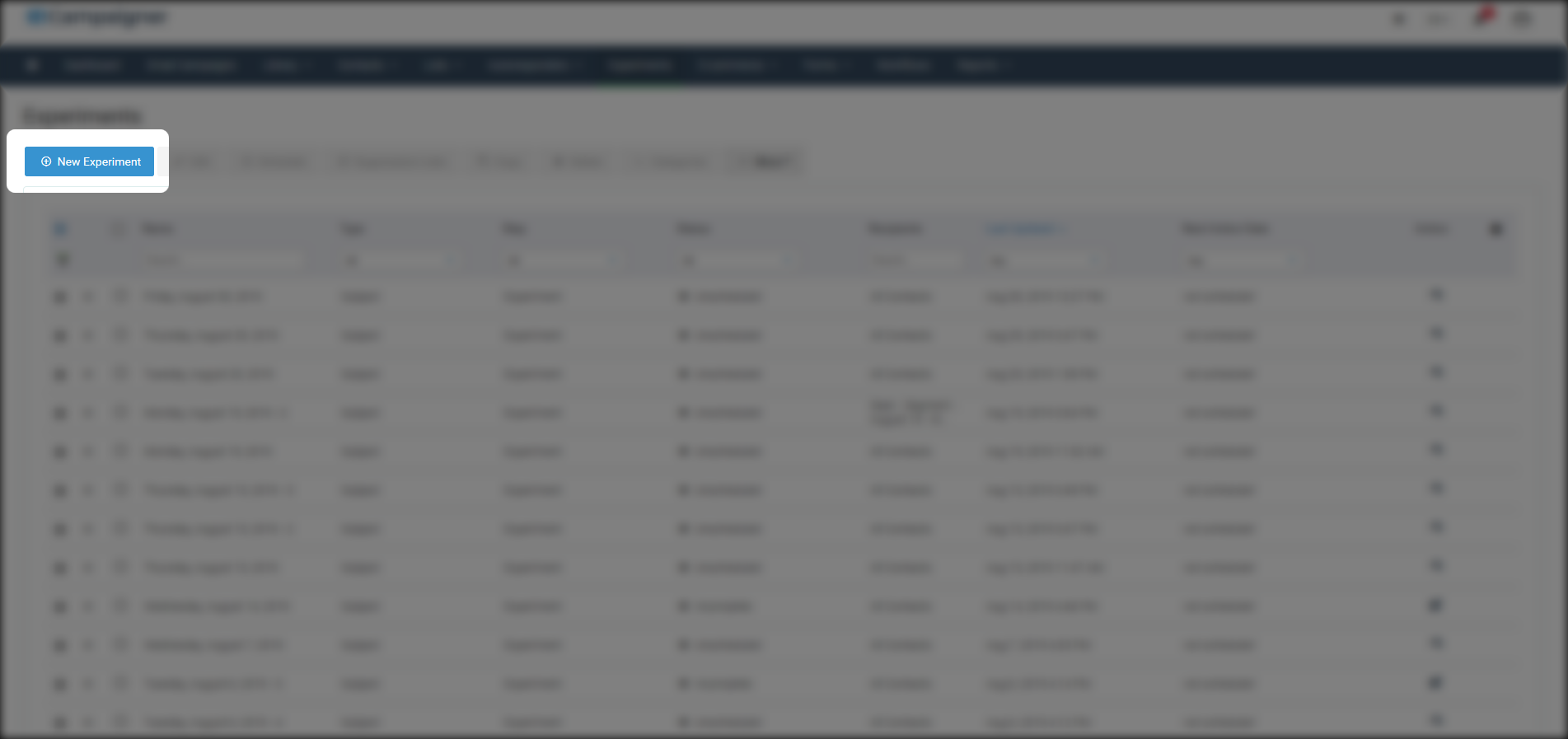 Create new experiment button in Campaigner