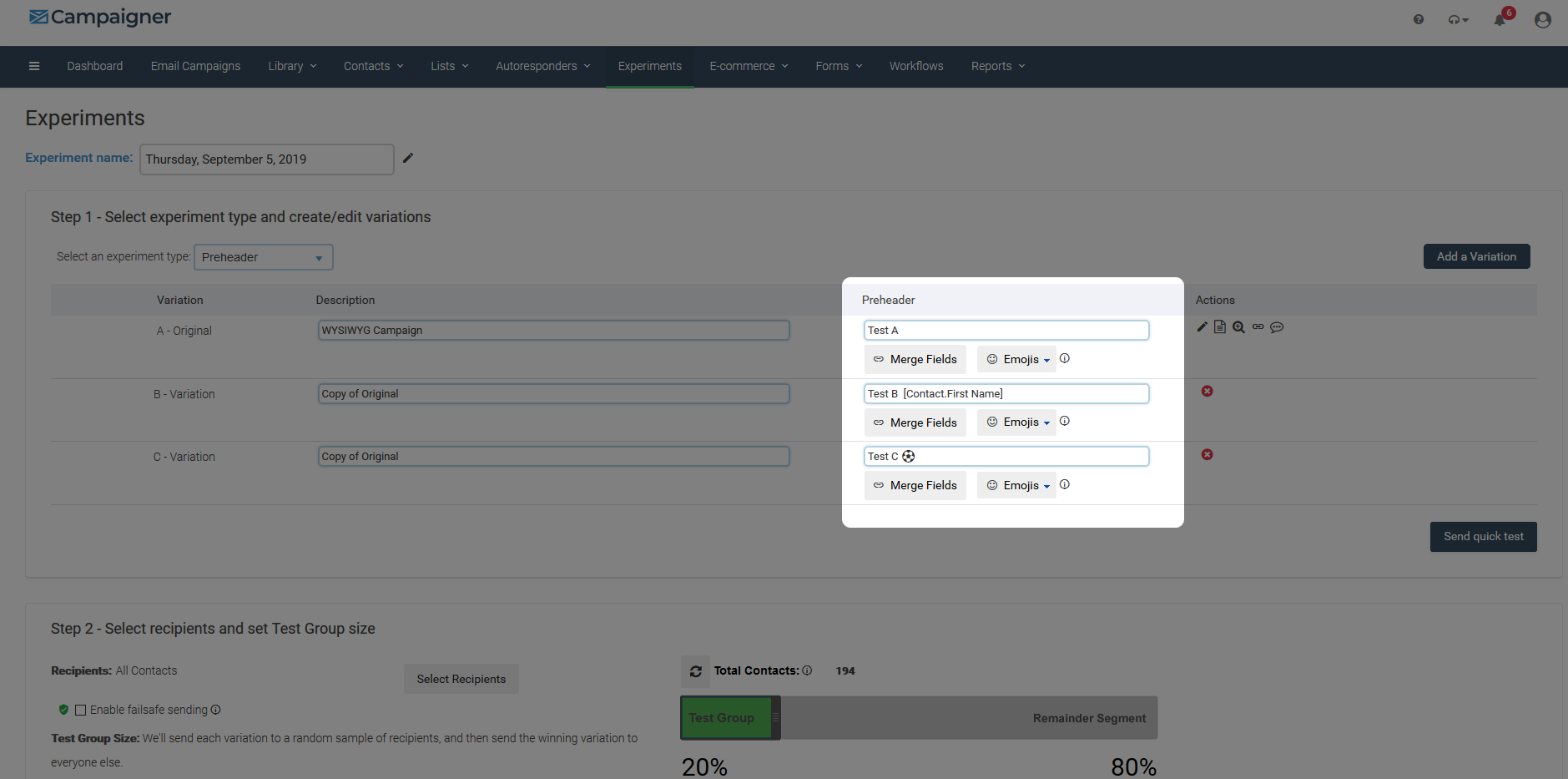 Preheader variation option in Campaigner
