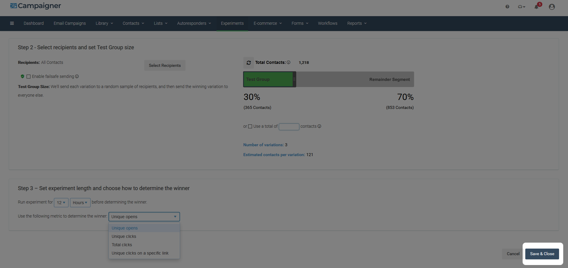 Save & Close button in Campaigner