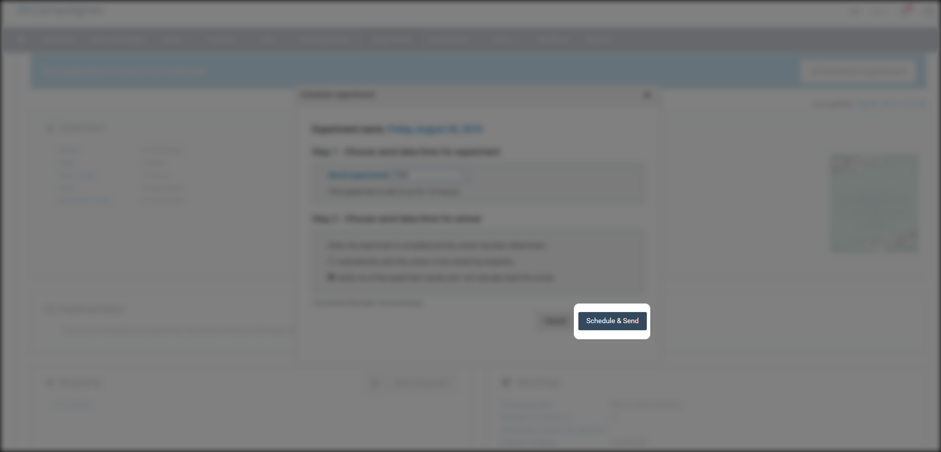 Schedule and send button in Campaigner