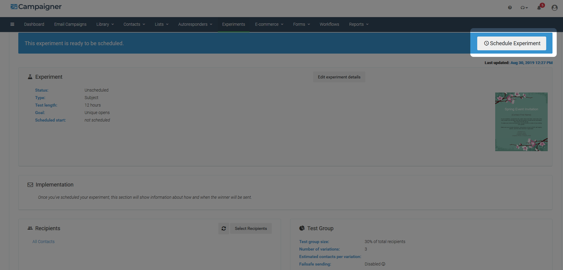 Schedule experiment button in Campaigner