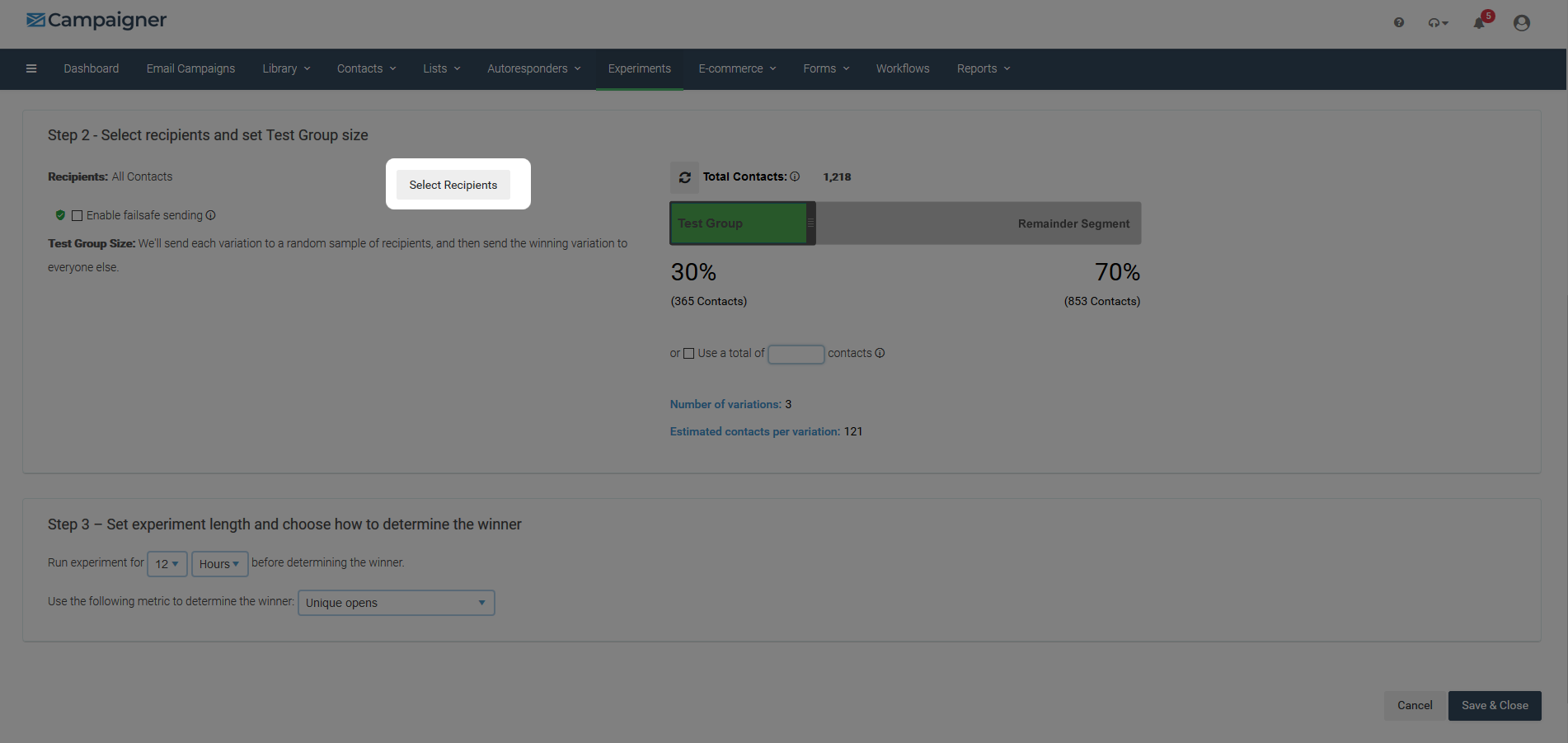 Select recipient button in Campaigner