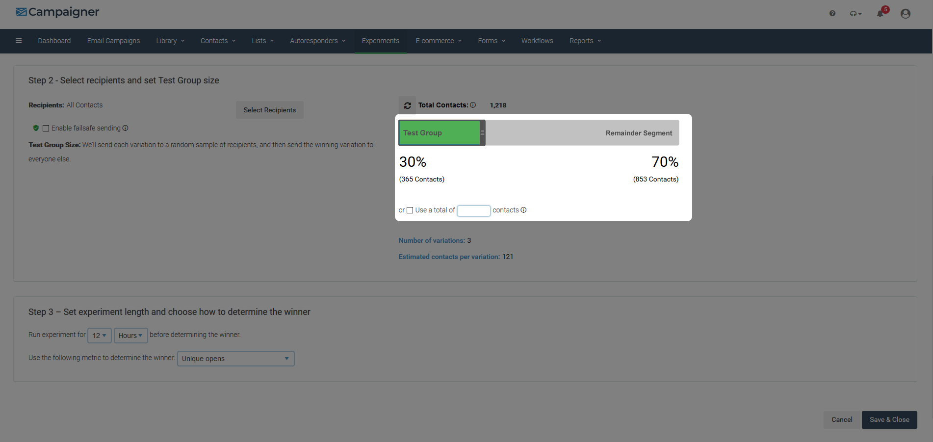 Select test group size option in Campaigner