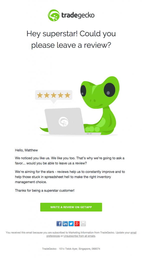 Feedback and review request email template from Tradegecko