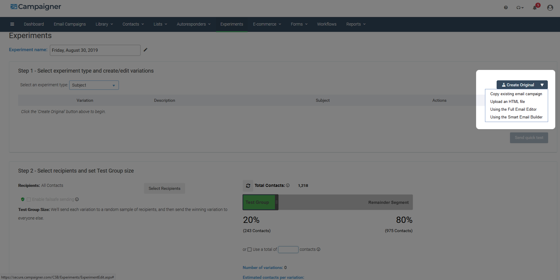 Upload or create copy option in Campaigner