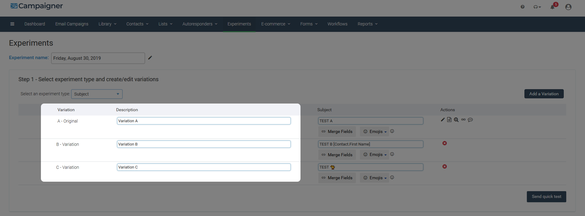 Description for variation option in Campaigner