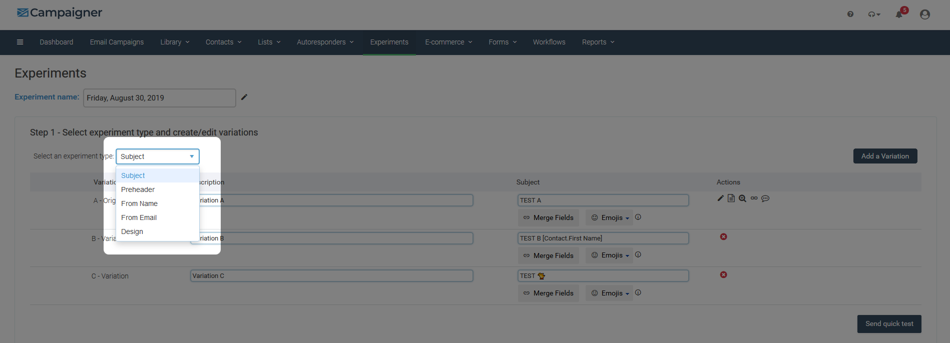 Experiment type selection menu in Campaigner