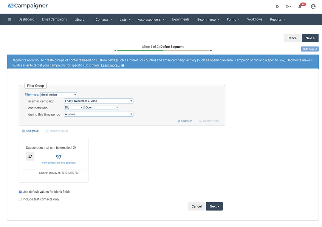Segment properties screen in Campaigner