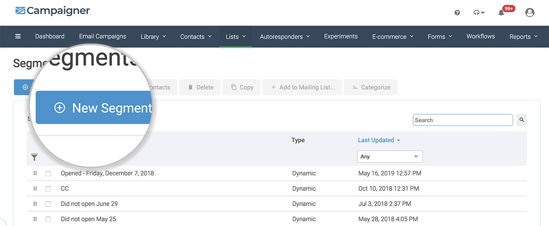 New segment button in Campaigner
