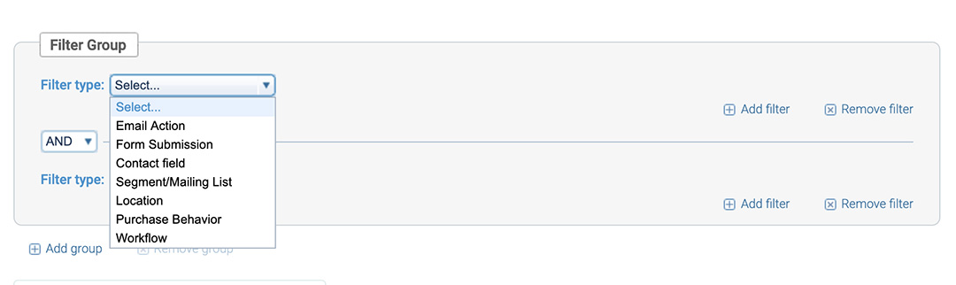 Segments filter type dropdown list in Campaigner