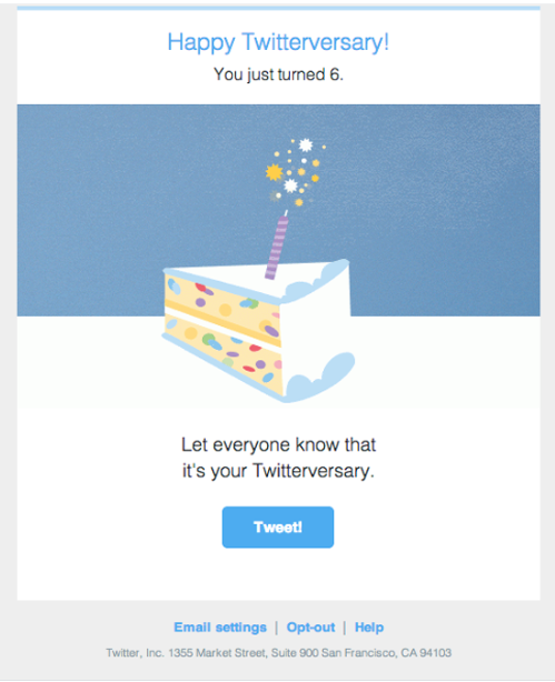 Business association anniversary email from Twitter