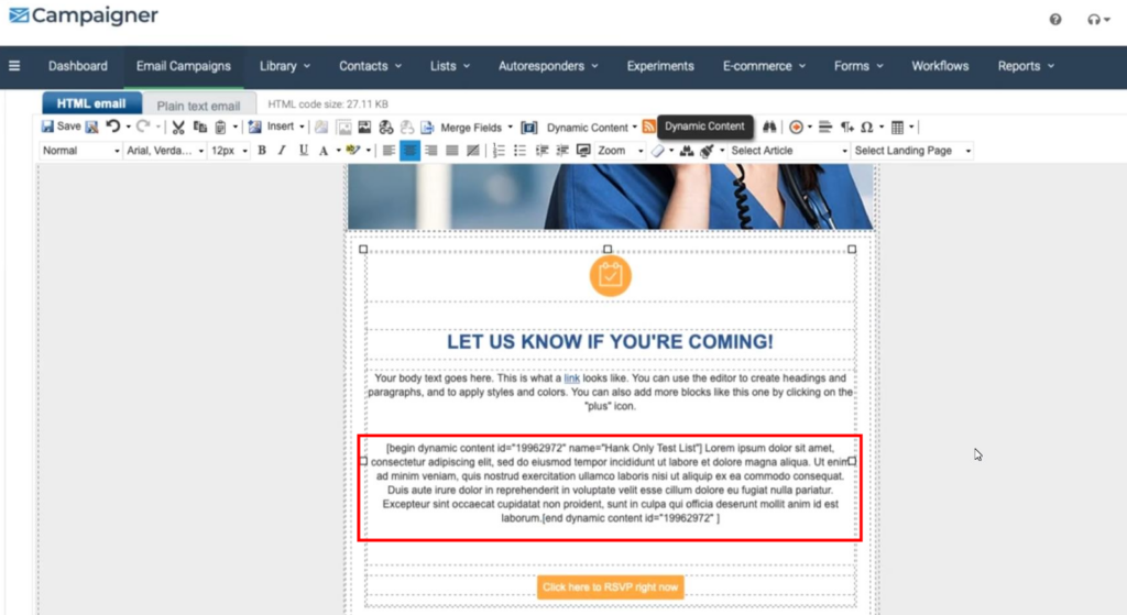 Creating content in Campaigner step 2